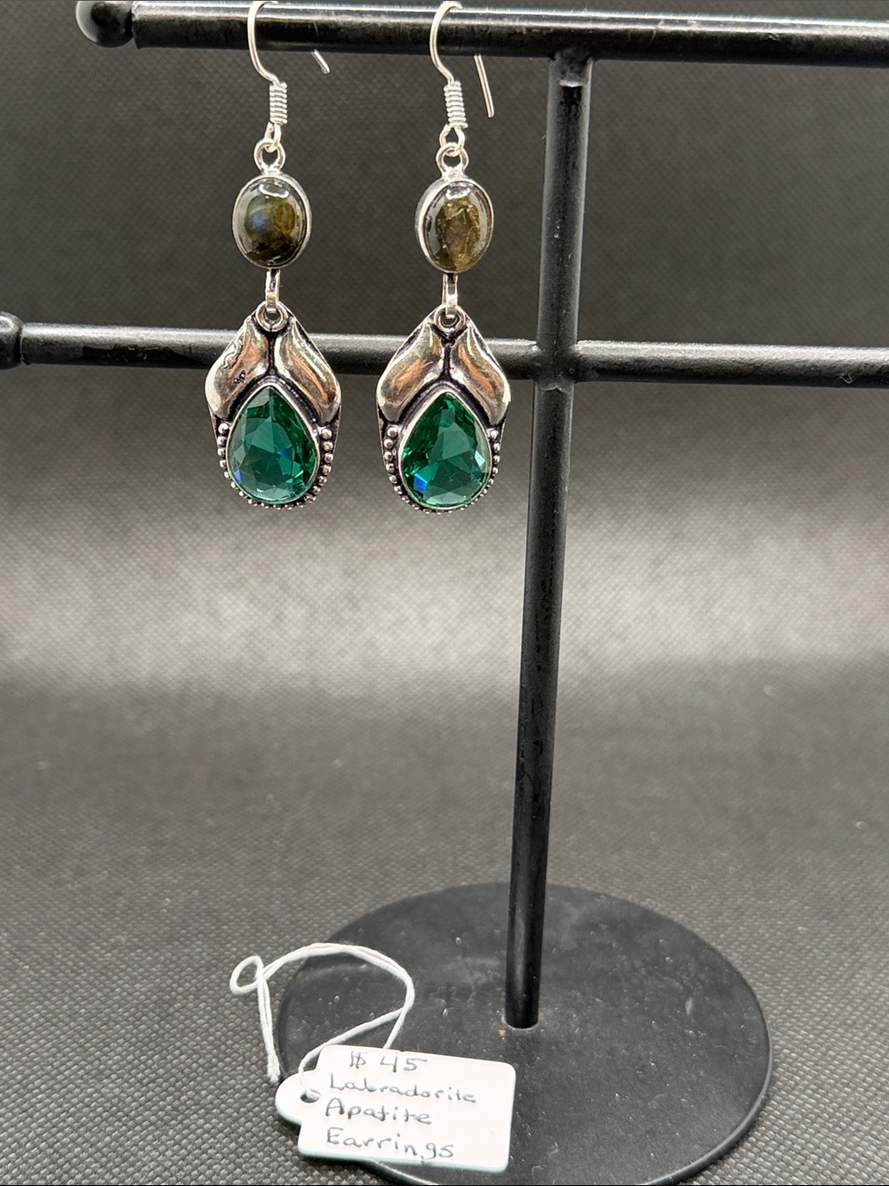 Green Teardrop Apatite & Labradorite Dangle Sterling Silver Earrings 2.25”